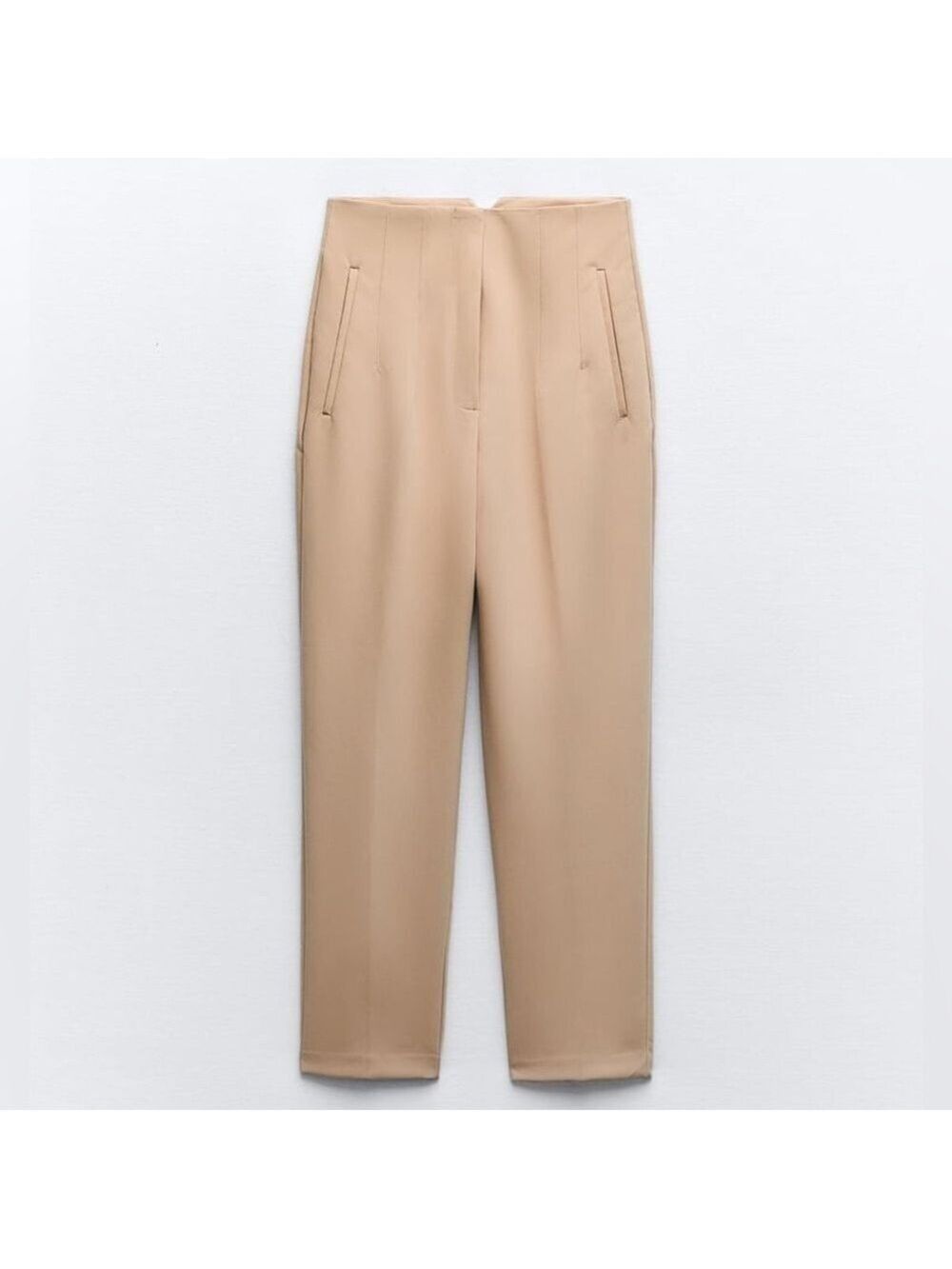 Zara High Rise Tapered Cropped Leg Cigarette Style Camel Brown Trousers Pants